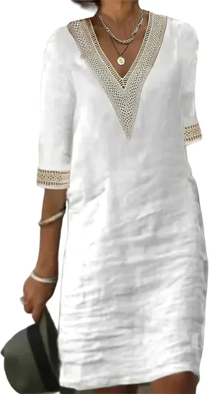 Womens Half Sleeve Cotton Linen Midi Dress Summer Plus Size Lace V Neck Knee Length Shift Beach Dresses