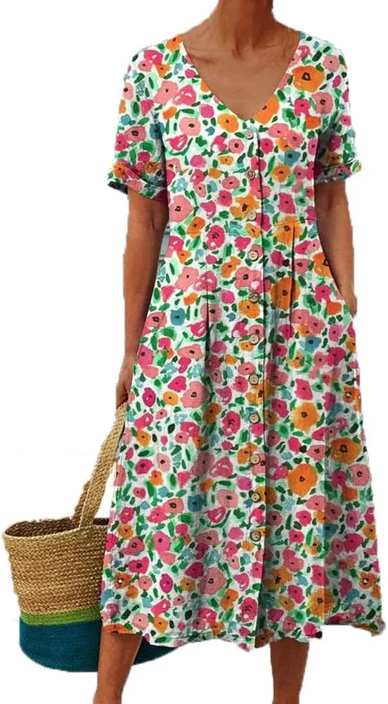 Womens Midi Dresses Summer Casual Floral Short Sleeve Button Down Dress V Neck Patchwork Tiered Sundress