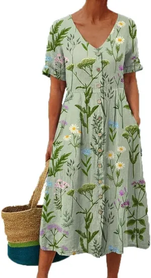 Womens Midi Dresses Summer Casual Floral Short Sleeve Button Down Dress V Neck Patchwork Tiered Sundress