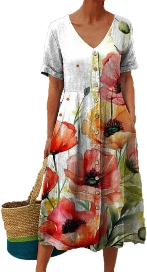 Womens Midi Dresses Summer Casual Floral Short Sleeve Button Down Dress V Neck Patchwork Tiered Sundress