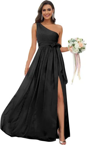 Women's One Shoulder Chiffon Bridesmaid Dress with Slit Long Ruched Formal Dresses for Wedding