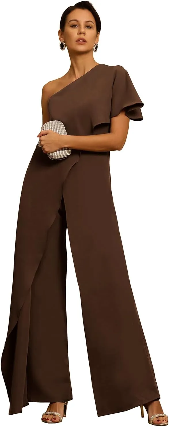 Women's One Shoulder Jumpsuit with Cape Chiffon Long Mother of The Bride Pant Suits ZXY03
