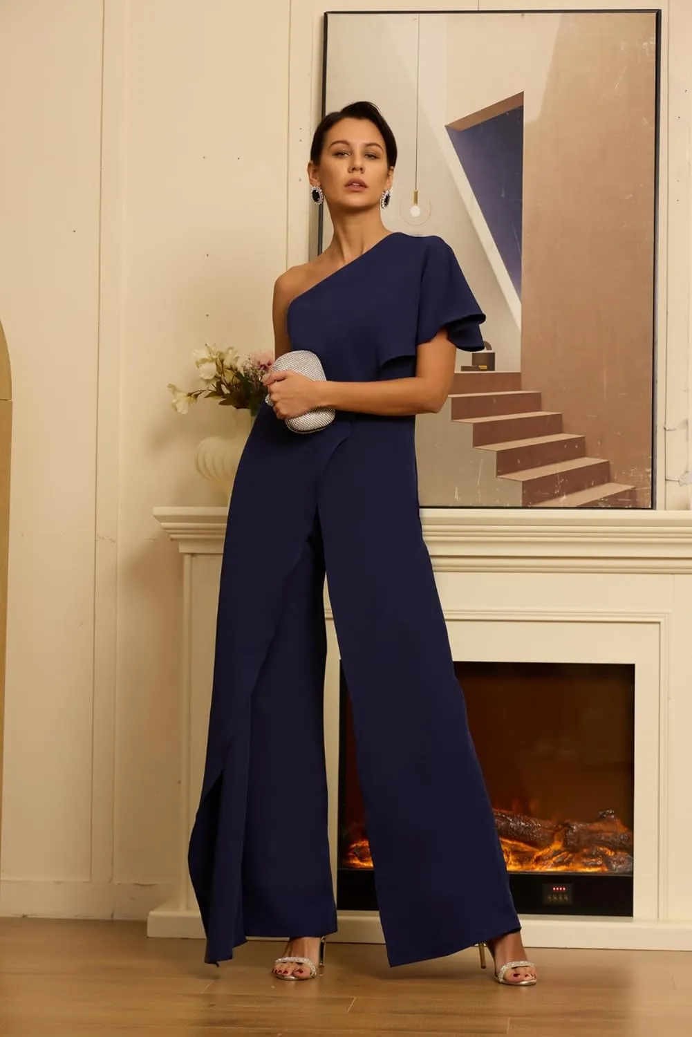Women's One Shoulder Jumpsuit with Cape Chiffon Long Mother of The Bride Pant Suits ZXY03