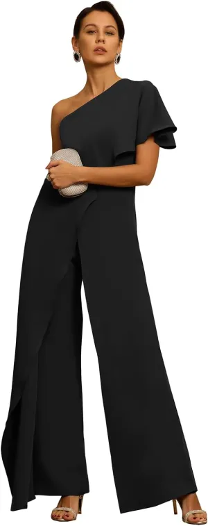 Women's One Shoulder Jumpsuit with Cape Chiffon Long Mother of The Bride Pant Suits ZXY03