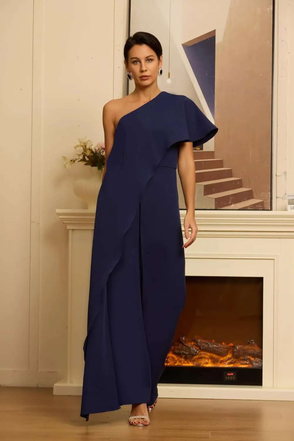 Women's One Shoulder Jumpsuit with Cape Chiffon Long Mother of The Bride Pant Suits ZXY03