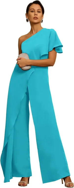 Women's One Shoulder Jumpsuit with Cape Chiffon Long Mother of The Bride Pant Suits ZXY03