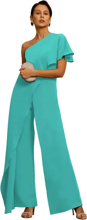Women's One Shoulder Jumpsuit with Cape Chiffon Long Mother of The Bride Pant Suits ZXY03