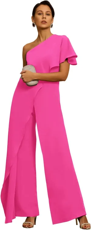 Women's One Shoulder Jumpsuit with Cape Chiffon Long Mother of The Bride Pant Suits ZXY03