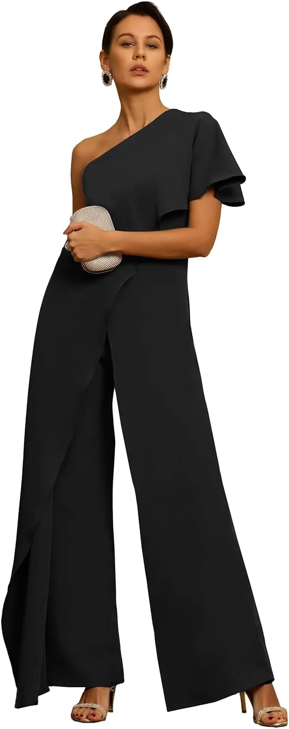 Women's One Shoulder Jumpsuit with Cape Chiffon Long Mother of The Bride Pant Suits ZXY03