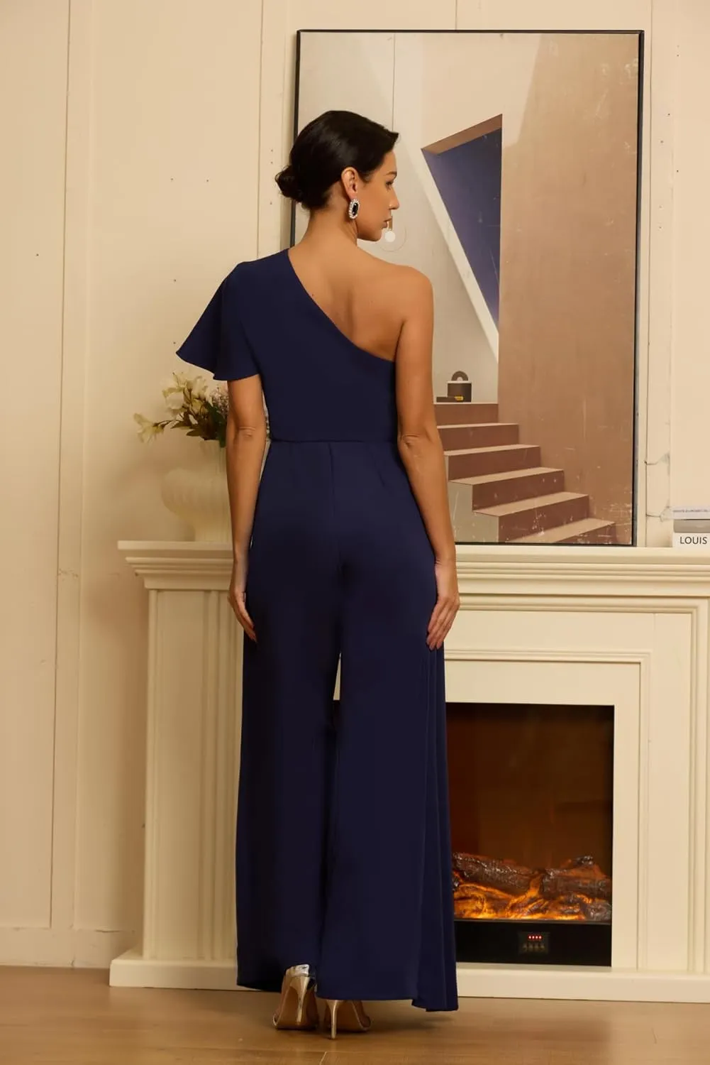 Women's One Shoulder Jumpsuit with Cape Chiffon Long Mother of The Bride Pant Suits ZXY03