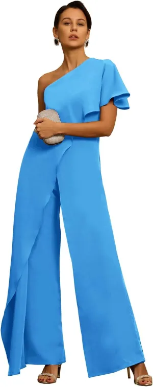 Women's One Shoulder Jumpsuit with Cape Chiffon Long Mother of The Bride Pant Suits ZXY03