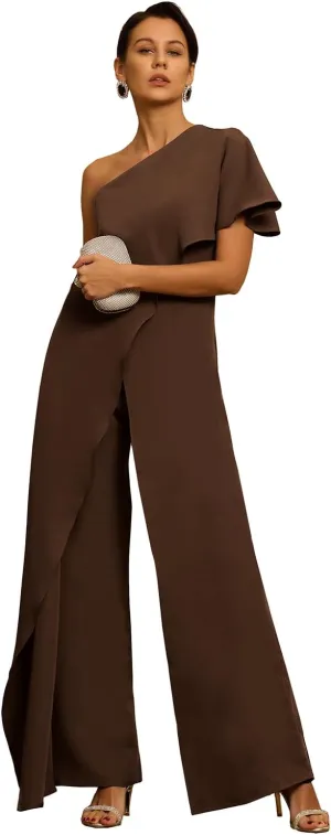 Women's One Shoulder Jumpsuit with Cape Chiffon Long Mother of The Bride Pant Suits ZXY03