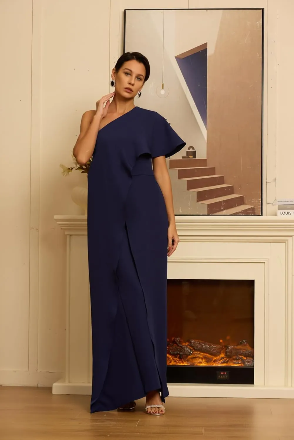 Women's One Shoulder Jumpsuit with Cape Chiffon Long Mother of The Bride Pant Suits ZXY03