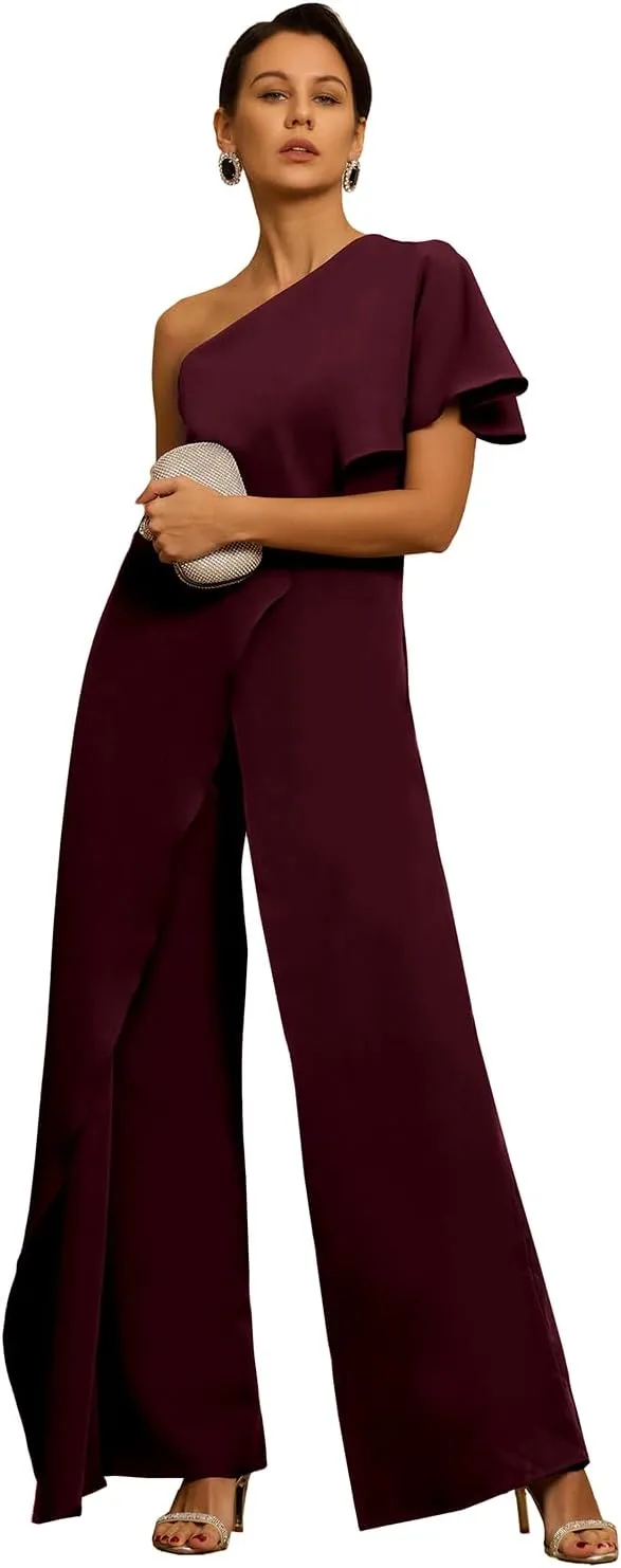 Women's One Shoulder Jumpsuit with Cape Chiffon Long Mother of The Bride Pant Suits ZXY03