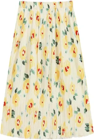 Womens Pleated A Line Ruffle Midi Swing Skirts High Elastic Waist Ditsy Floral Skirt