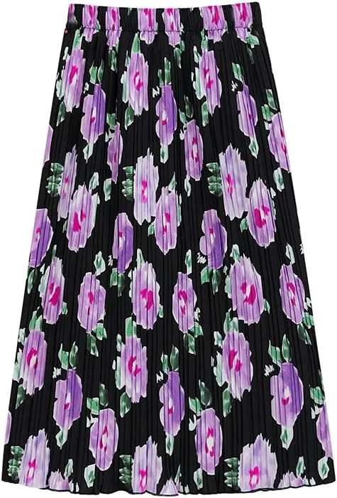 Womens Pleated A Line Ruffle Midi Swing Skirts High Elastic Waist Ditsy Floral Skirt