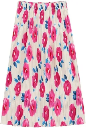 Womens Pleated A Line Ruffle Midi Swing Skirts High Elastic Waist Ditsy Floral Skirt