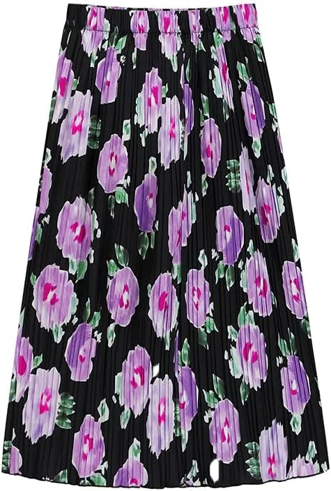 Womens Pleated A Line Ruffle Midi Swing Skirts High Elastic Waist Ditsy Floral Skirt