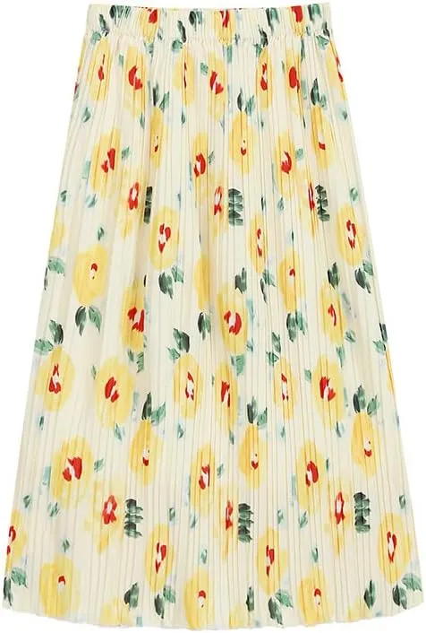 Womens Pleated A Line Ruffle Midi Swing Skirts High Elastic Waist Ditsy Floral Skirt