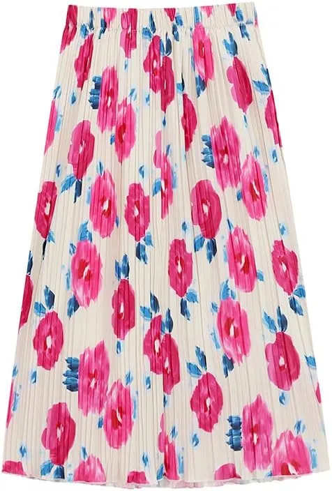 Womens Pleated A Line Ruffle Midi Swing Skirts High Elastic Waist Ditsy Floral Skirt