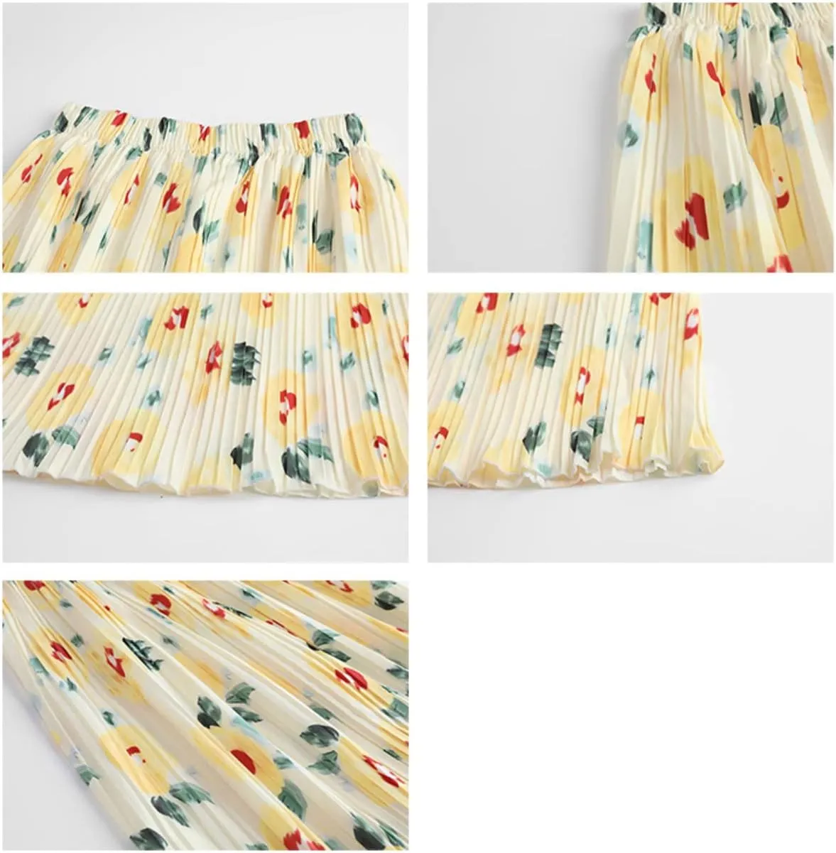 Womens Pleated A Line Ruffle Midi Swing Skirts High Elastic Waist Ditsy Floral Skirt