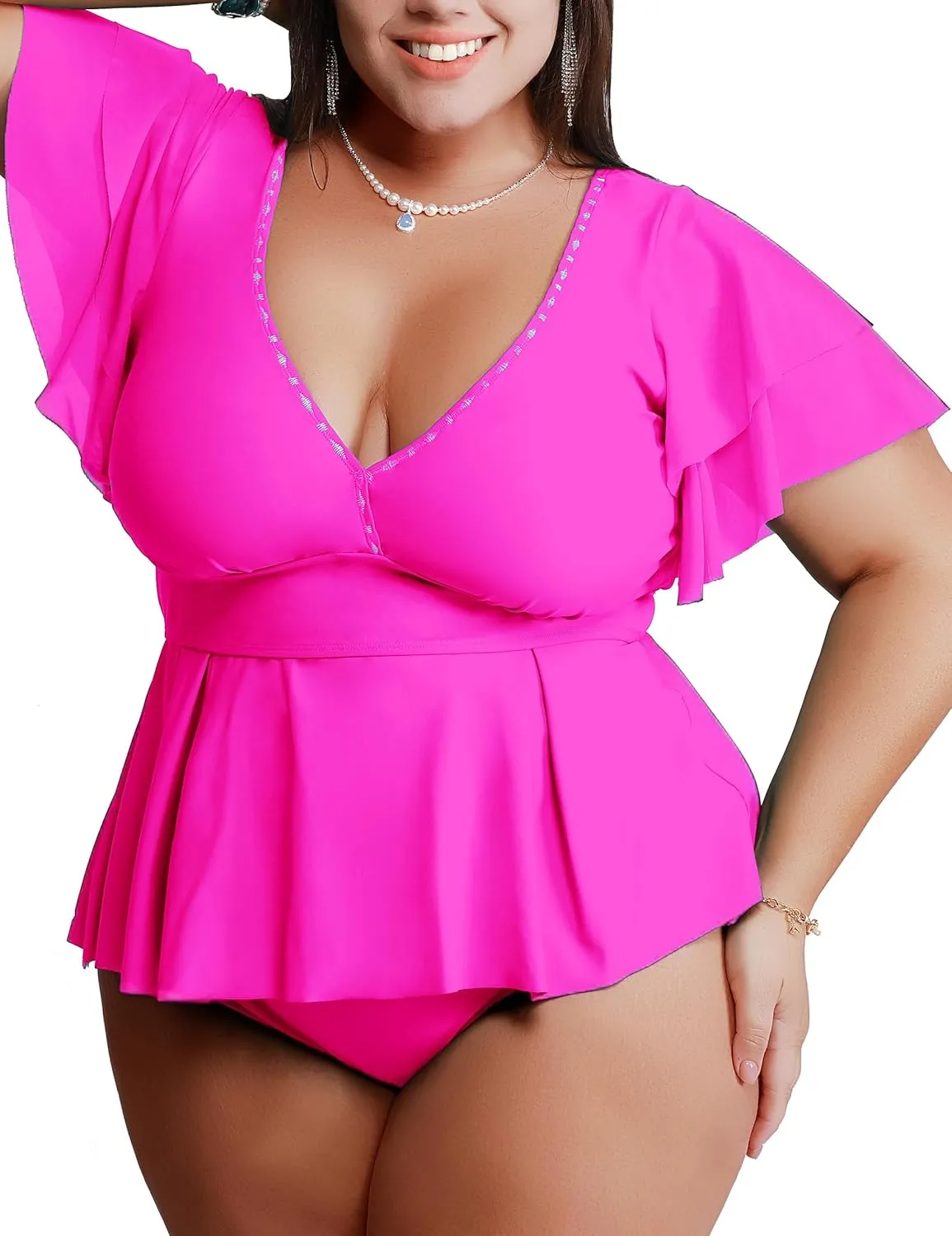 Womens Plus Size Tankini Tops Built in Padded Push Up Bathing Suit V Neck Ruffle Sleeves Bikini Top Only