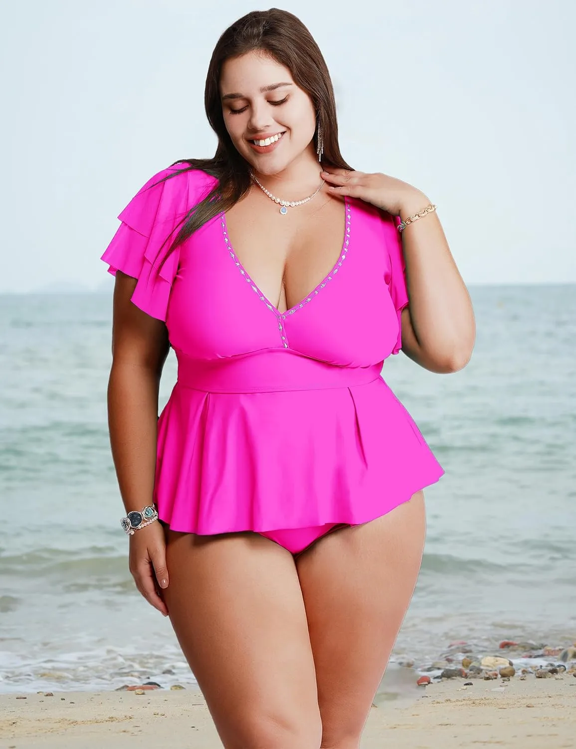 Womens Plus Size Tankini Tops Built in Padded Push Up Bathing Suit V Neck Ruffle Sleeves Bikini Top Only