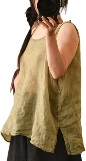 Womens Ramie Camisole Tank Tops Causal Solid Color Sleeveless Tops Summer Loose Fit Spaghetti Strap Cami Shirts