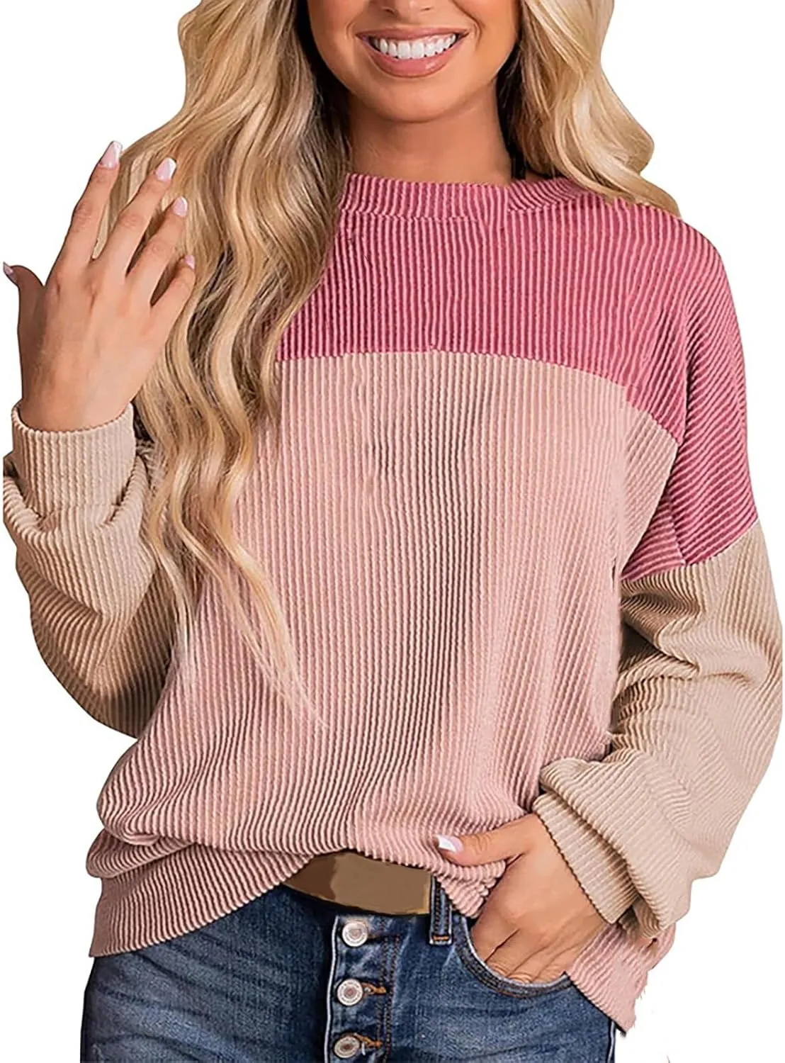 Womens Ribbed Sweatshirt Oversized Color Block Hoodie Long Sleeve Sweater Crewneck Shirts Tops Casual Loose Tops