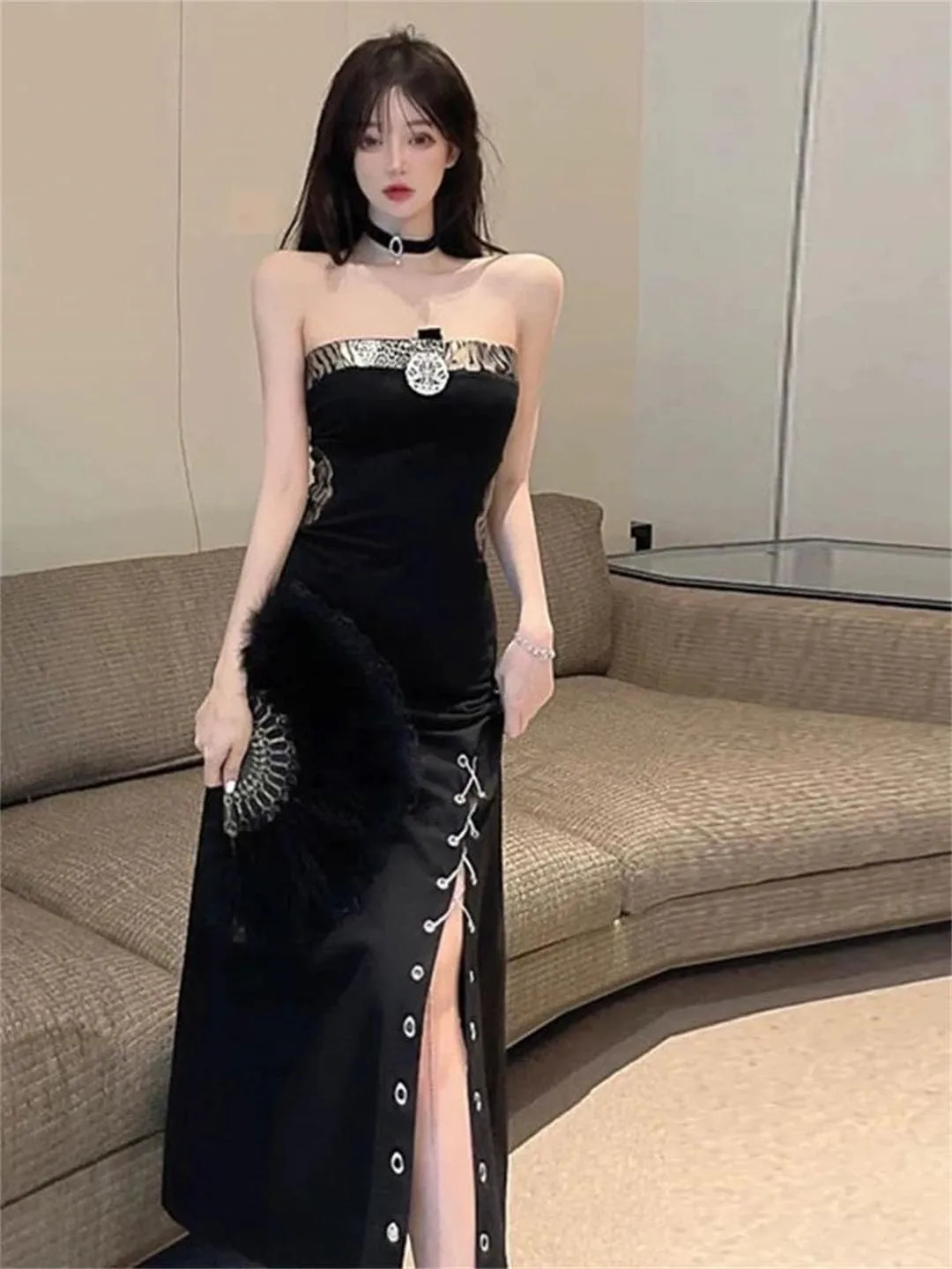 Women's Sexy Splicing Chain Waist Split Midi Skirt Elegant Party Dress