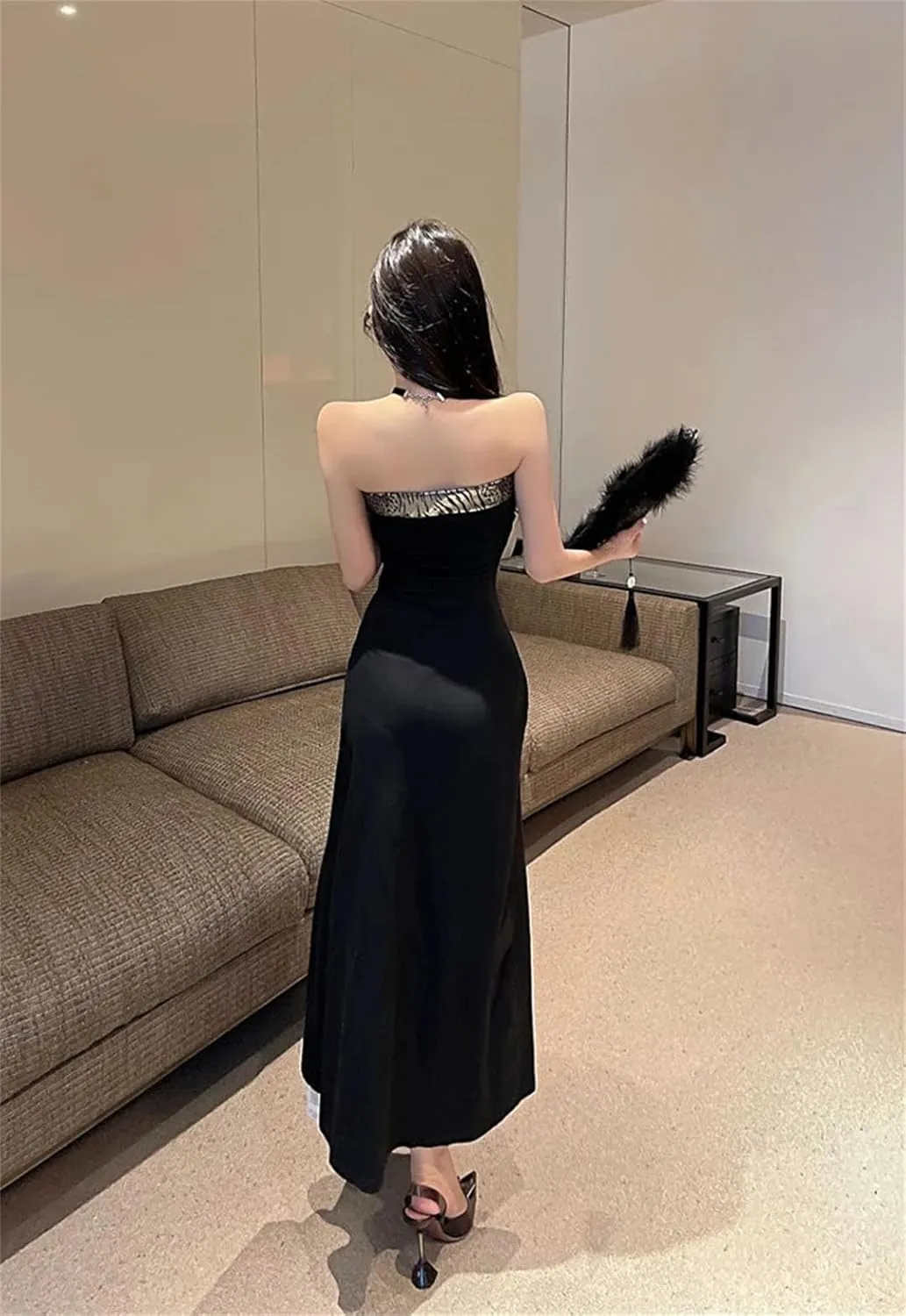 Women's Sexy Splicing Chain Waist Split Midi Skirt Elegant Party Dress