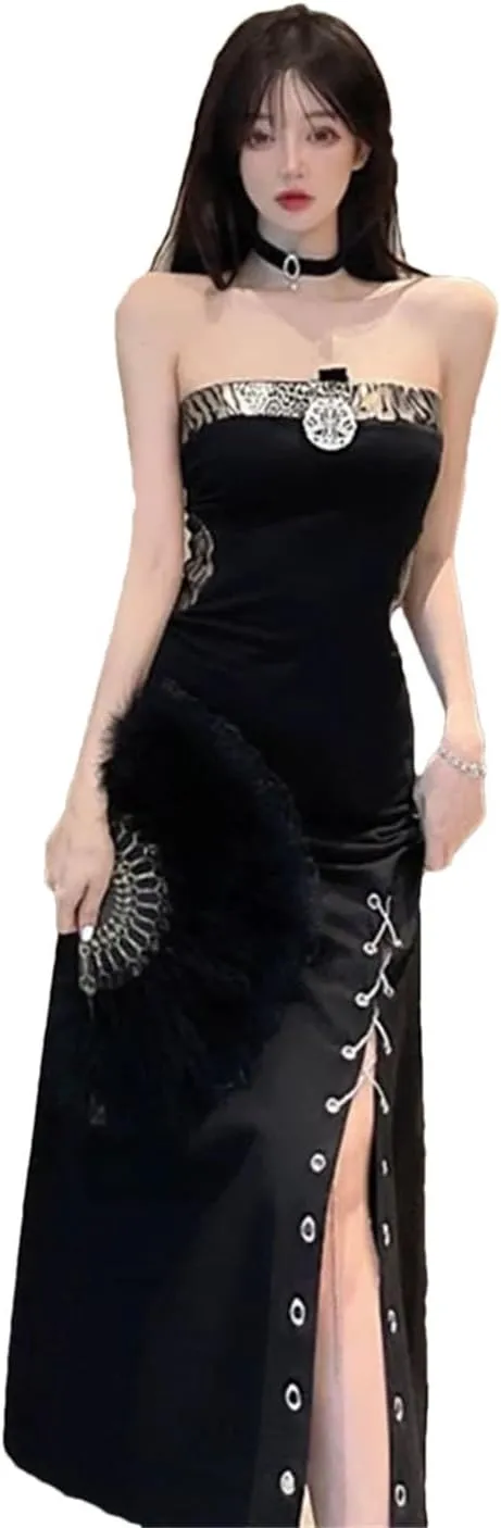 Women's Sexy Splicing Chain Waist Split Midi Skirt Elegant Party Dress