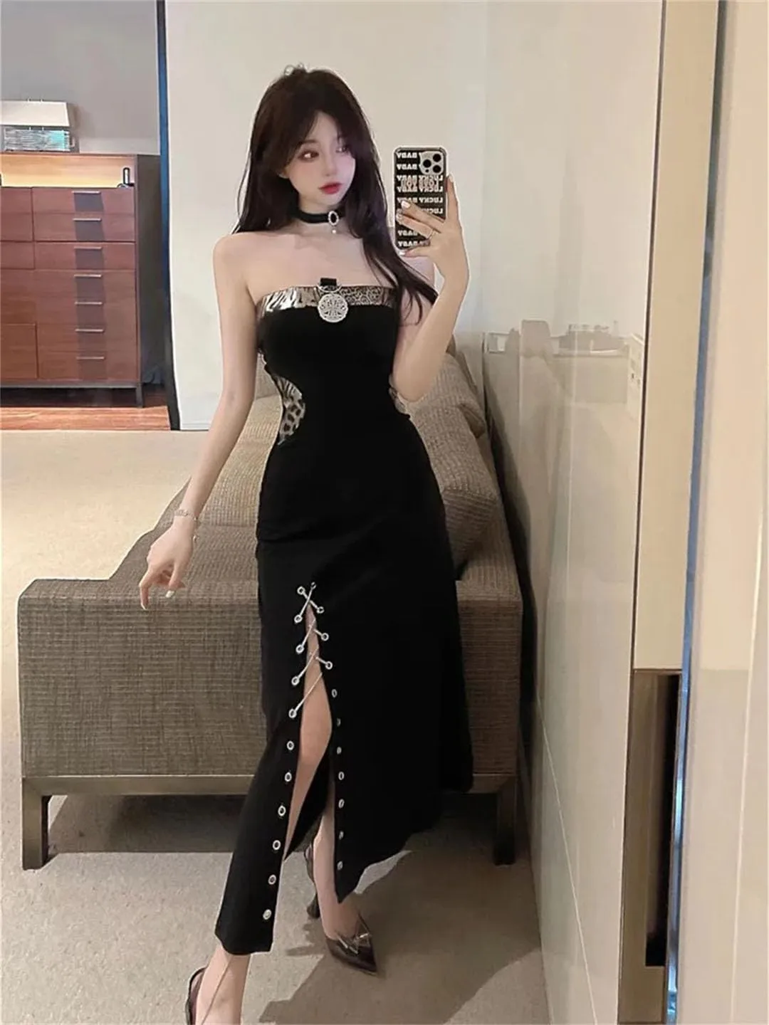 Women's Sexy Splicing Chain Waist Split Midi Skirt Elegant Party Dress