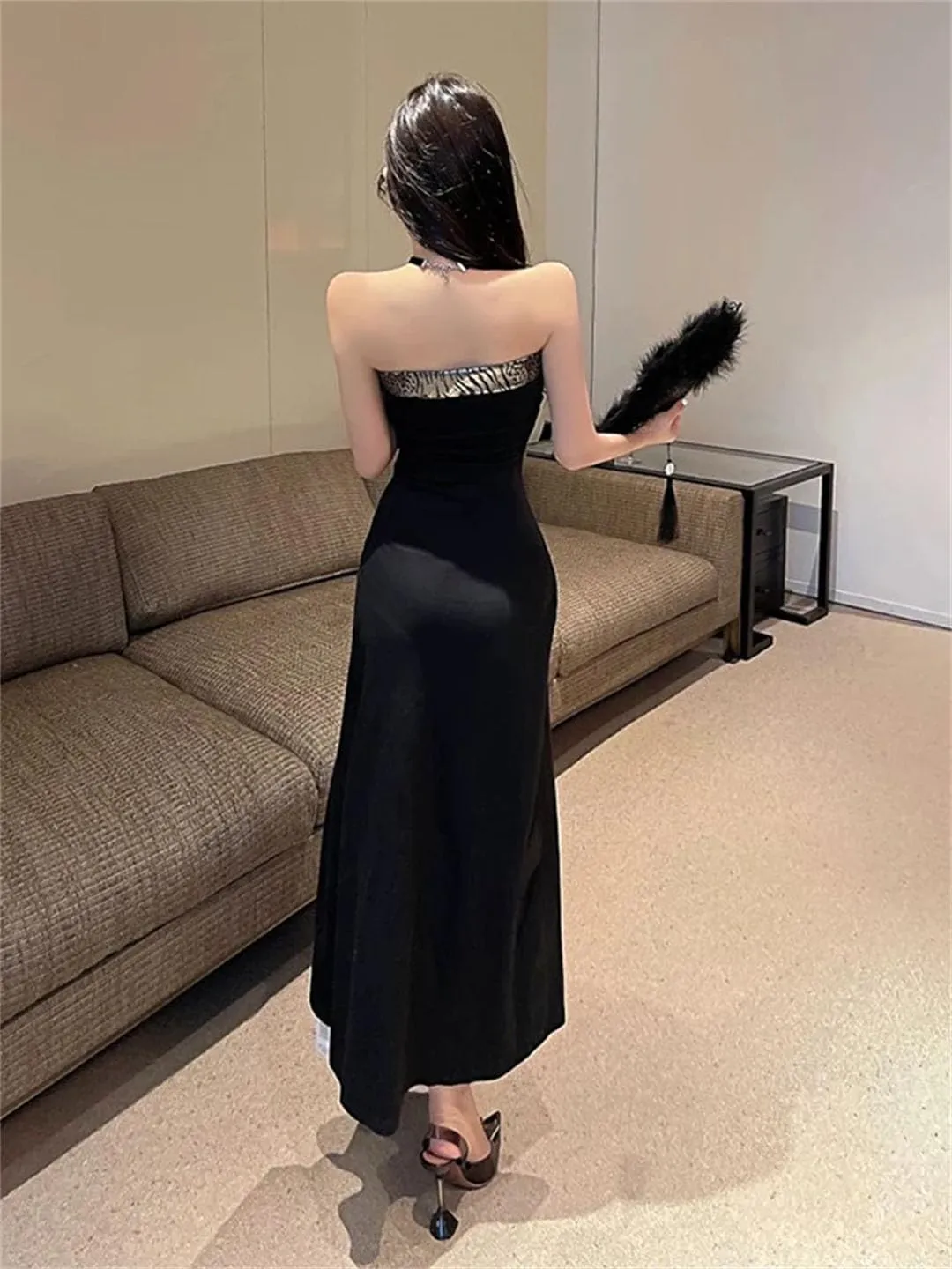 Women's Sexy Splicing Chain Waist Split Midi Skirt Elegant Party Dress