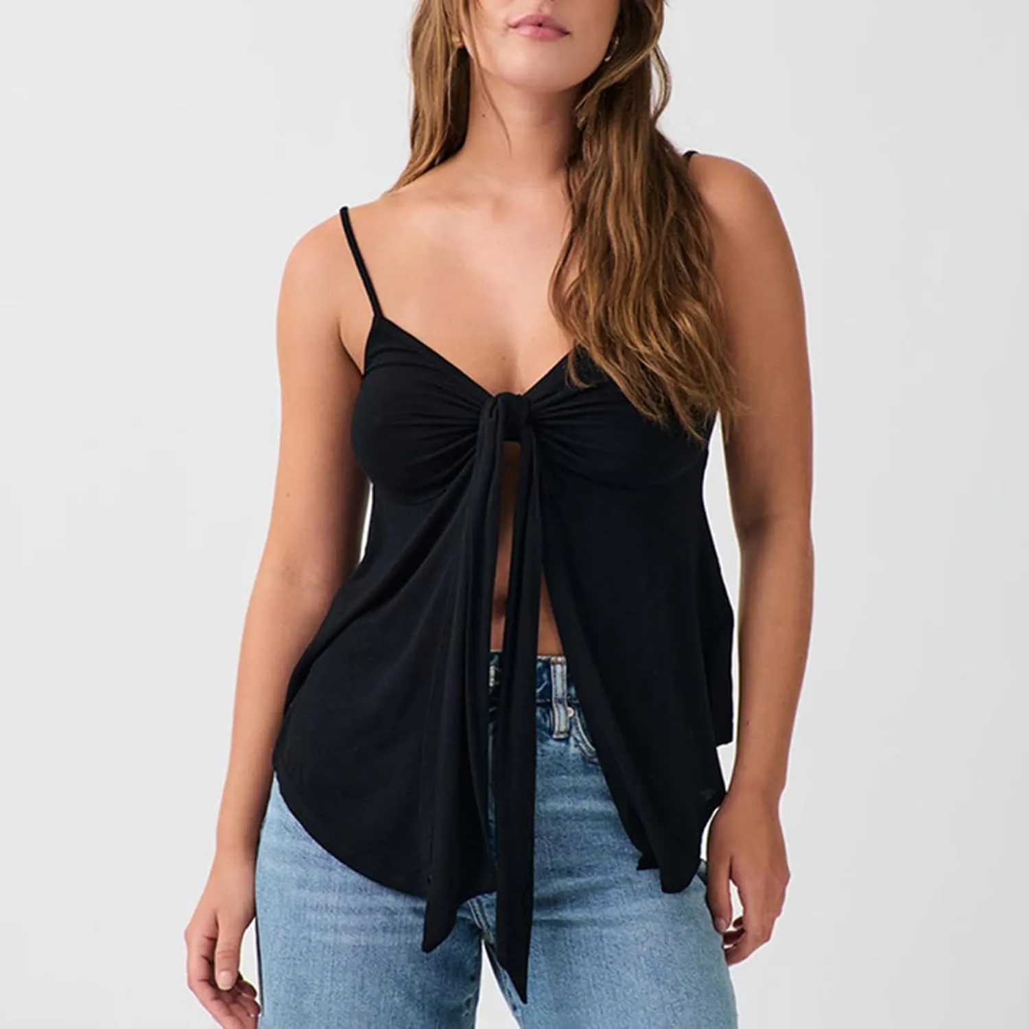 Women's Spaghetti Strap Tie Front Split Cami Tops Sleeveless Knot Camisole Slim Fit Shirts