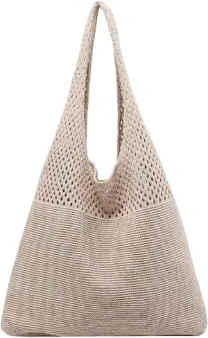 Women's Spring/Summer Portable Retro Hollow Knitted Handheld One Shoulder Vest Bag Women Shoulder Bags (Khaki, One Size)