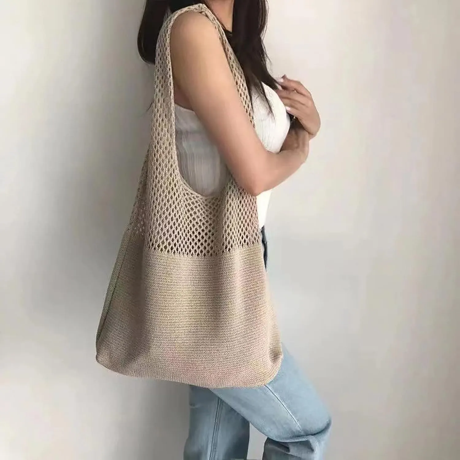 Women's Spring/Summer Portable Retro Hollow Knitted Handheld One Shoulder Vest Bag Women Shoulder Bags (Khaki, One Size)