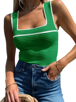 Women's Square Neck Tank Top Knit Ribbed Basic Tops Summer Casual Y2K Color Block Sleeveless Cami Tank Tops