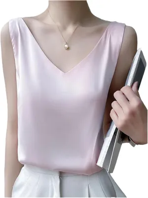 Women's Summer Sleeveless Tops for Women Trendy V-Neck Silk Satin Slim Fit Shoulder Camisole