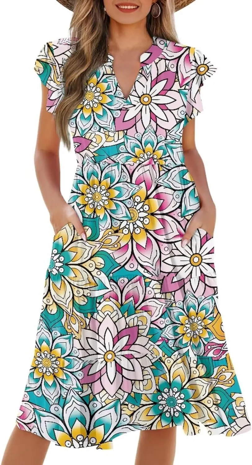Womens Sundress Summer Tiered Dress Floral Ruffle Short Sleeve V Neck A-Line Midi Dress with Pockets, S-2XL