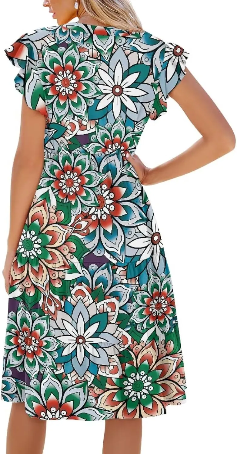 Womens Sundress Summer Tiered Dress Floral Ruffle Short Sleeve V Neck A-Line Midi Dress with Pockets, S-2XL