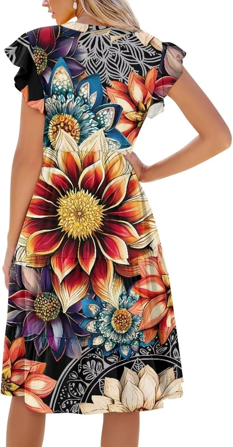Womens Sundress Summer Tiered Dress Floral Ruffle Short Sleeve V Neck A-Line Midi Dress with Pockets, S-2XL