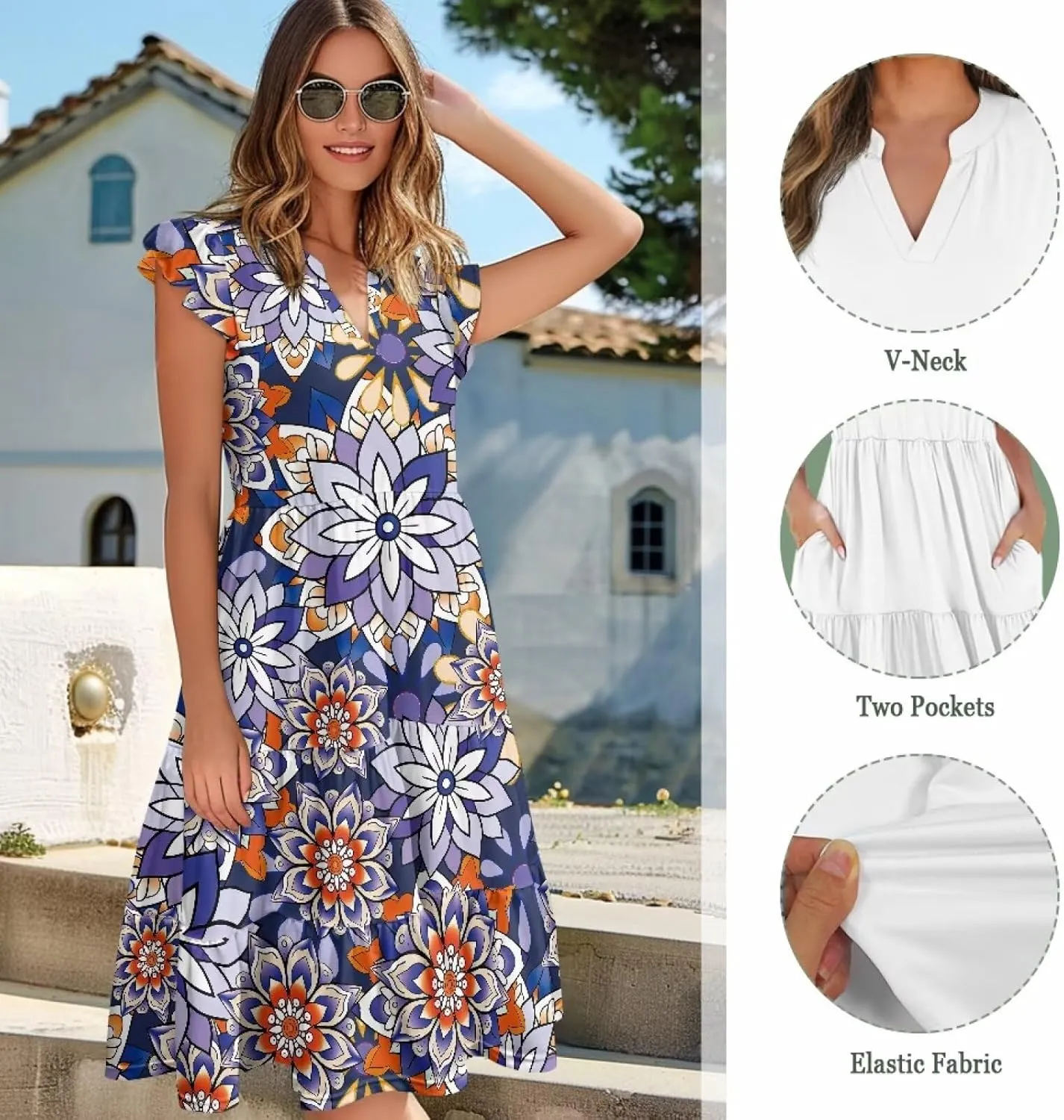 Womens Sundress Summer Tiered Dress Floral Ruffle Short Sleeve V Neck A-Line Midi Dress with Pockets, S-2XL