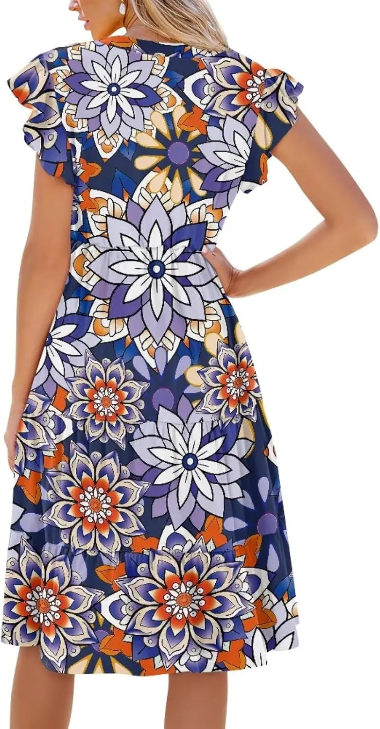 Womens Sundress Summer Tiered Dress Floral Ruffle Short Sleeve V Neck A-Line Midi Dress with Pockets, S-2XL