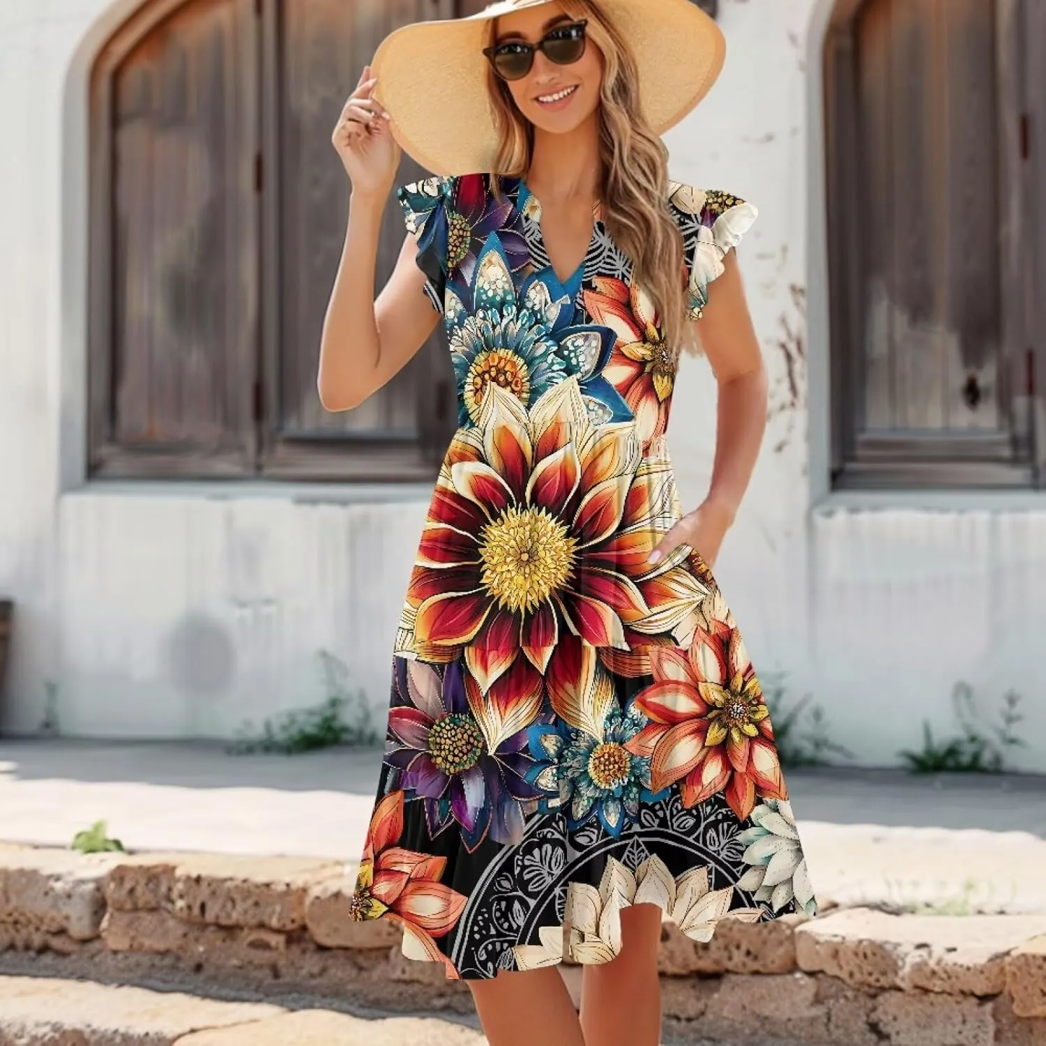 Womens Sundress Summer Tiered Dress Floral Ruffle Short Sleeve V Neck A-Line Midi Dress with Pockets, S-2XL