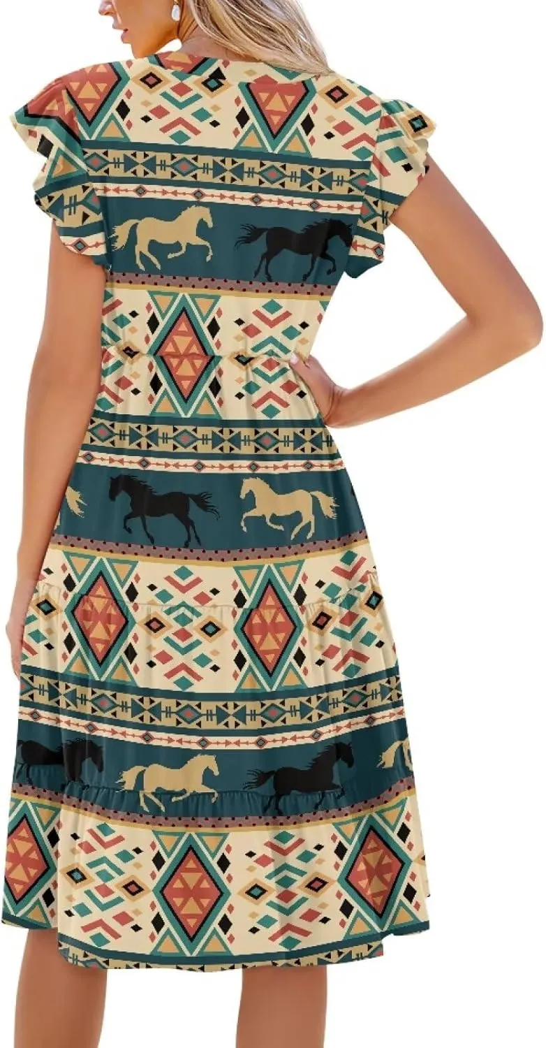 Womens Sundress Summer Tiered Dress Floral Ruffle Short Sleeve V Neck A-Line Midi Dress with Pockets, S-2XL