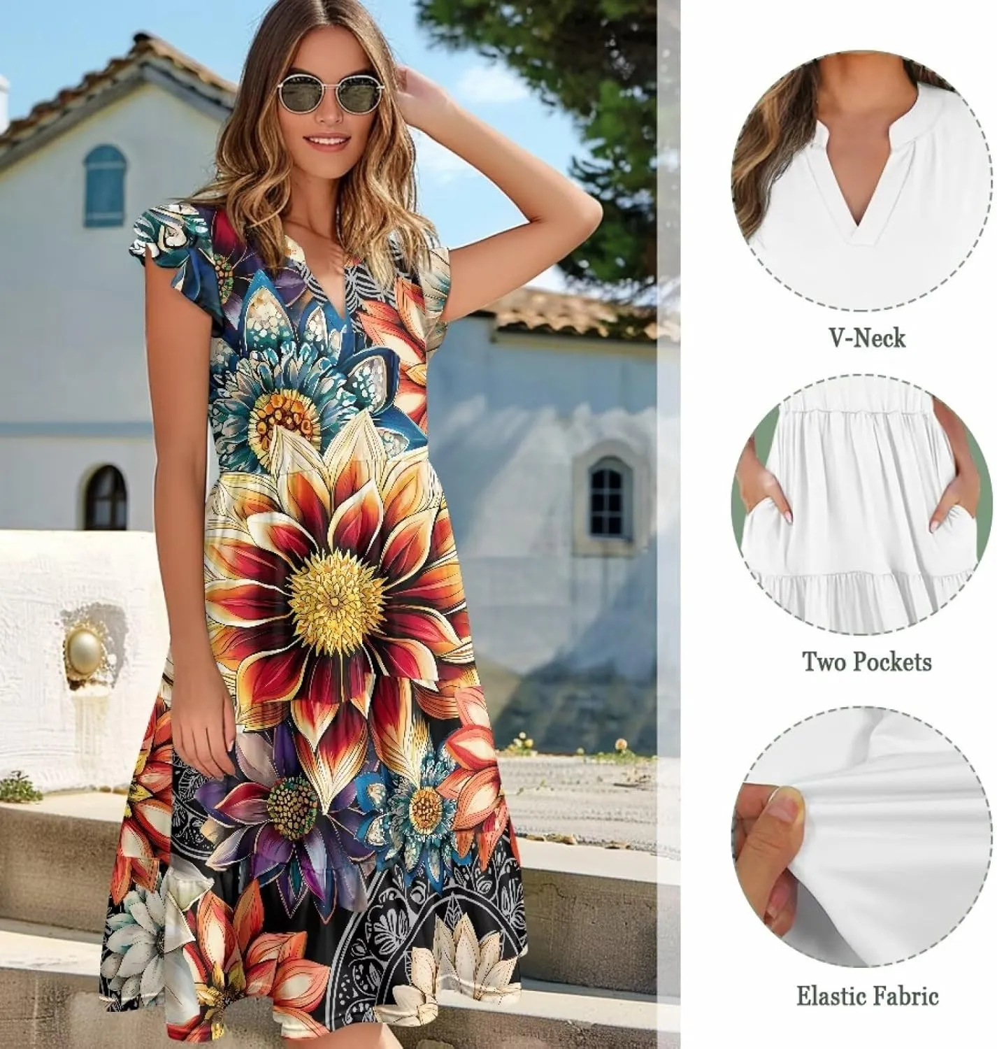 Womens Sundress Summer Tiered Dress Floral Ruffle Short Sleeve V Neck A-Line Midi Dress with Pockets, S-2XL