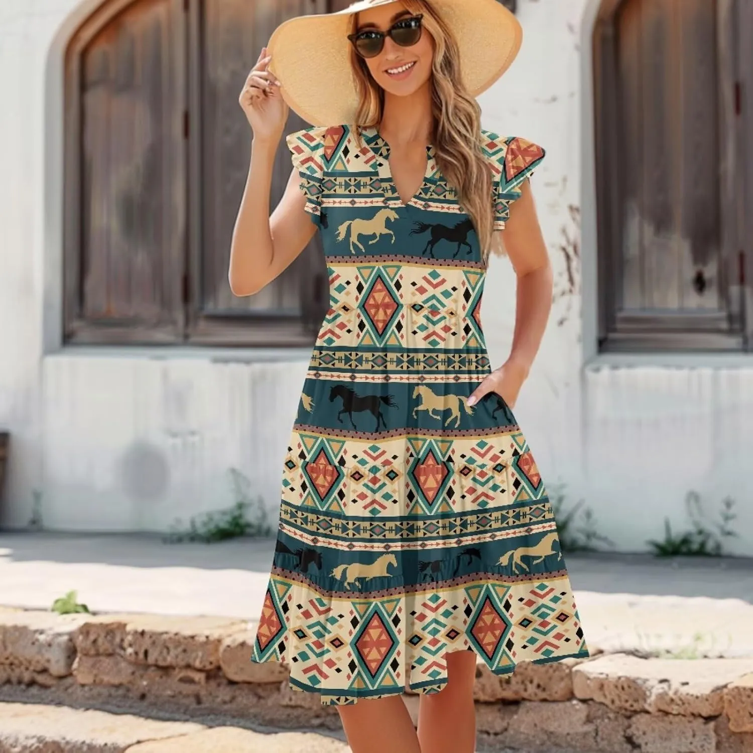 Womens Sundress Summer Tiered Dress Floral Ruffle Short Sleeve V Neck A-Line Midi Dress with Pockets, S-2XL