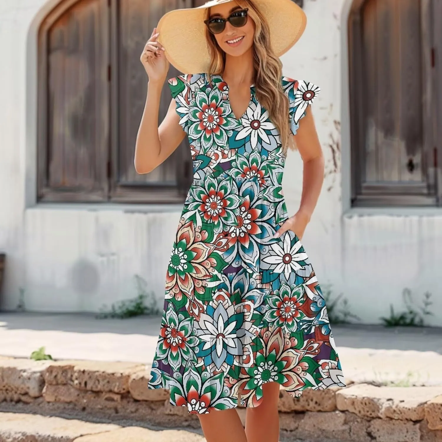 Womens Sundress Summer Tiered Dress Floral Ruffle Short Sleeve V Neck A-Line Midi Dress with Pockets, S-2XL