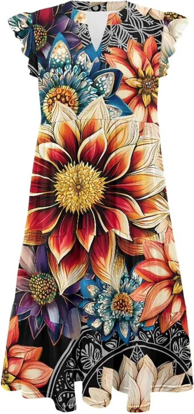Womens Sundress Summer Tiered Dress Floral Ruffle Short Sleeve V Neck A-Line Midi Dress with Pockets, S-2XL